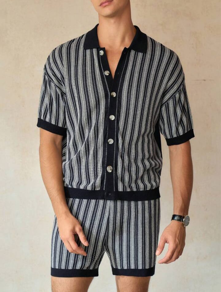 Men's Casual Striped Knit Shirt & Short Set